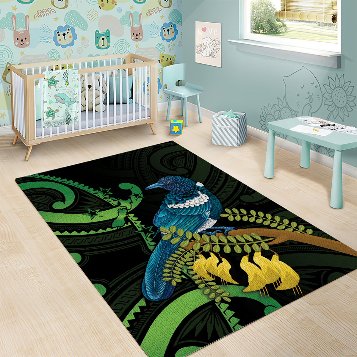 New Zealand Tui Bird Area Rug Aotearoa Maori With Kowhai Flowers