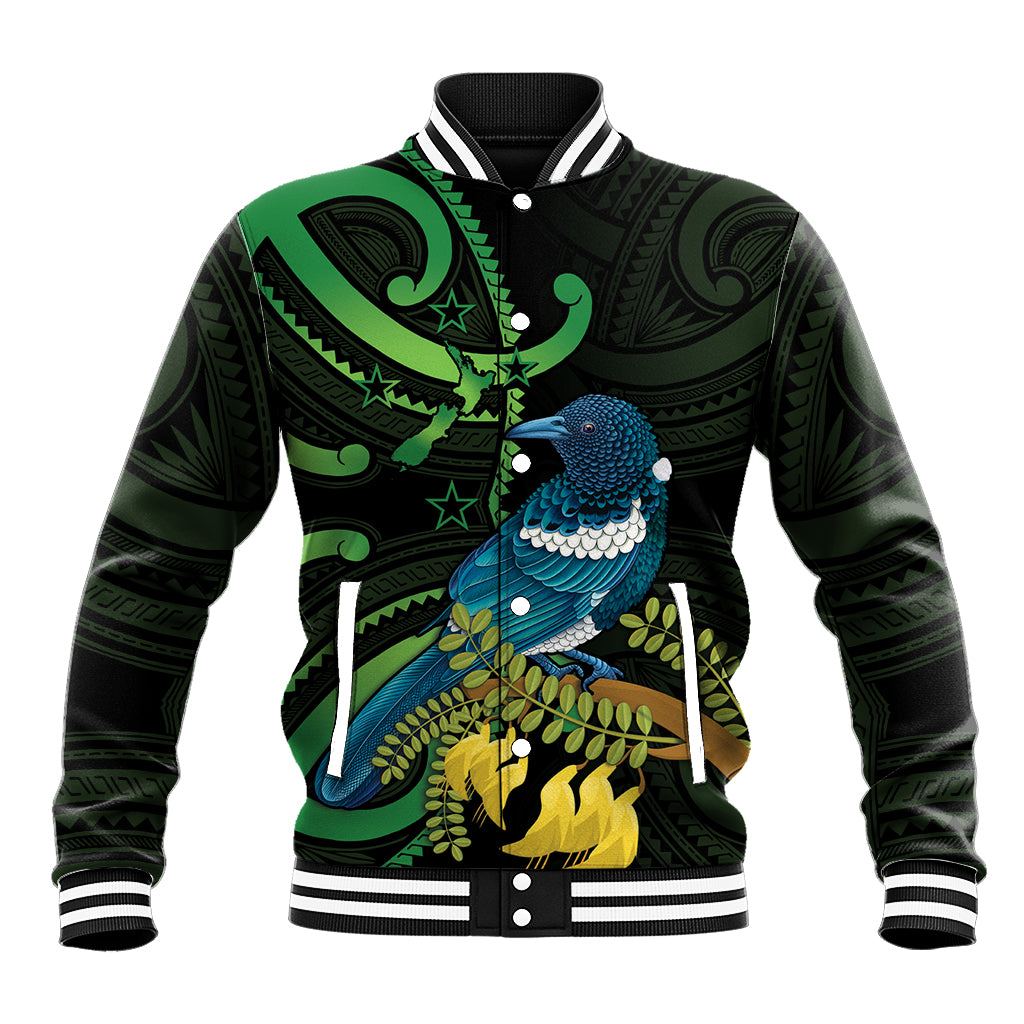 New Zealand Tui Bird Baseball Jacket Aotearoa Maori With Kowhai Flowers