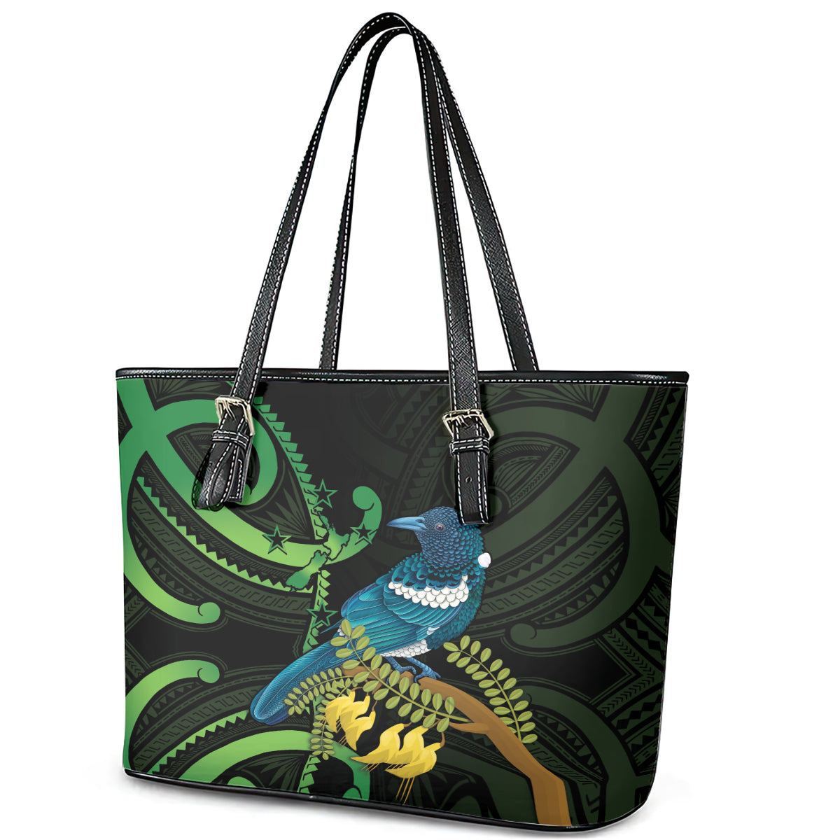 New Zealand Tui Bird Leather Tote Bag Aotearoa Maori With Kowhai Flowers