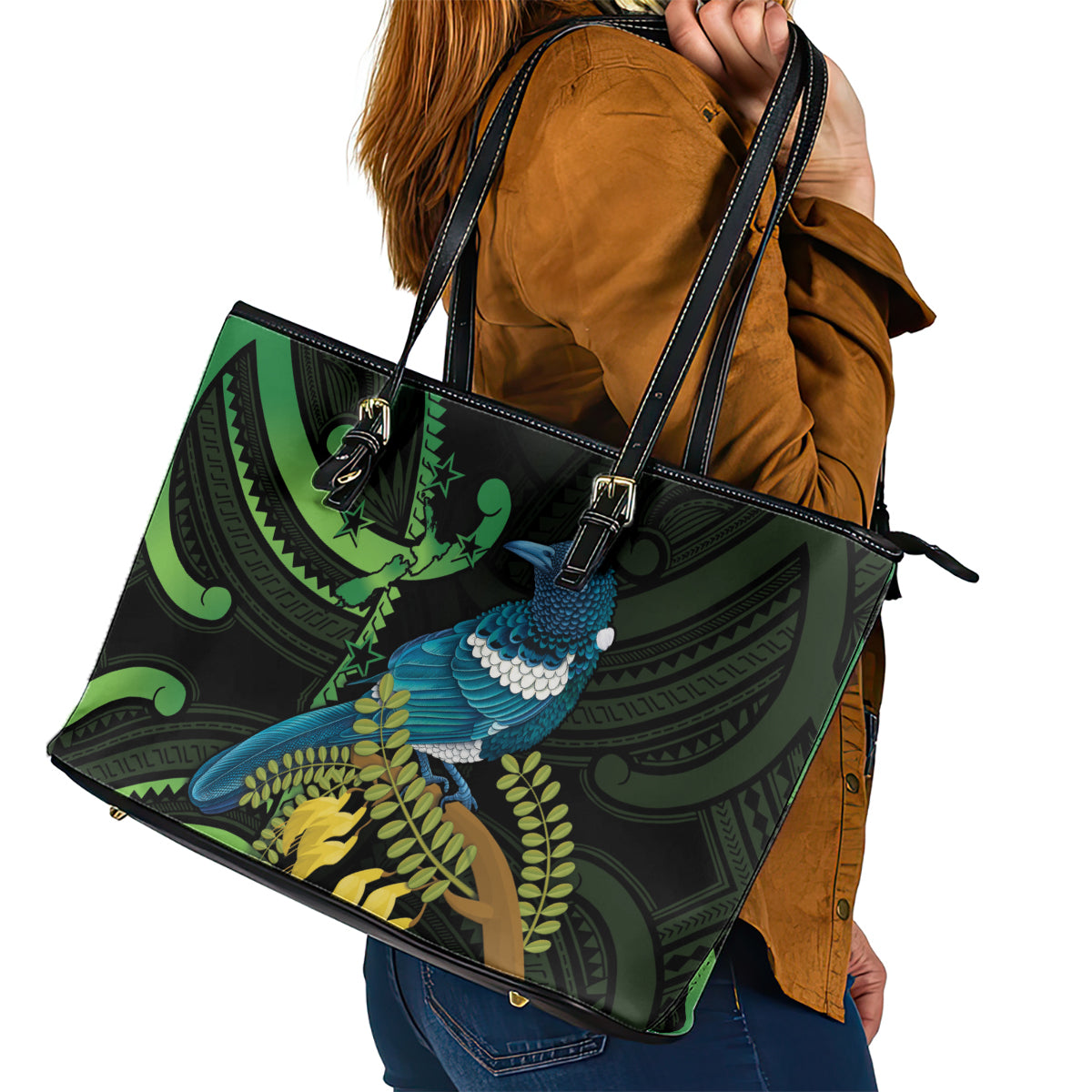 New Zealand Tui Bird Leather Tote Bag Aotearoa Maori With Kowhai Flowers