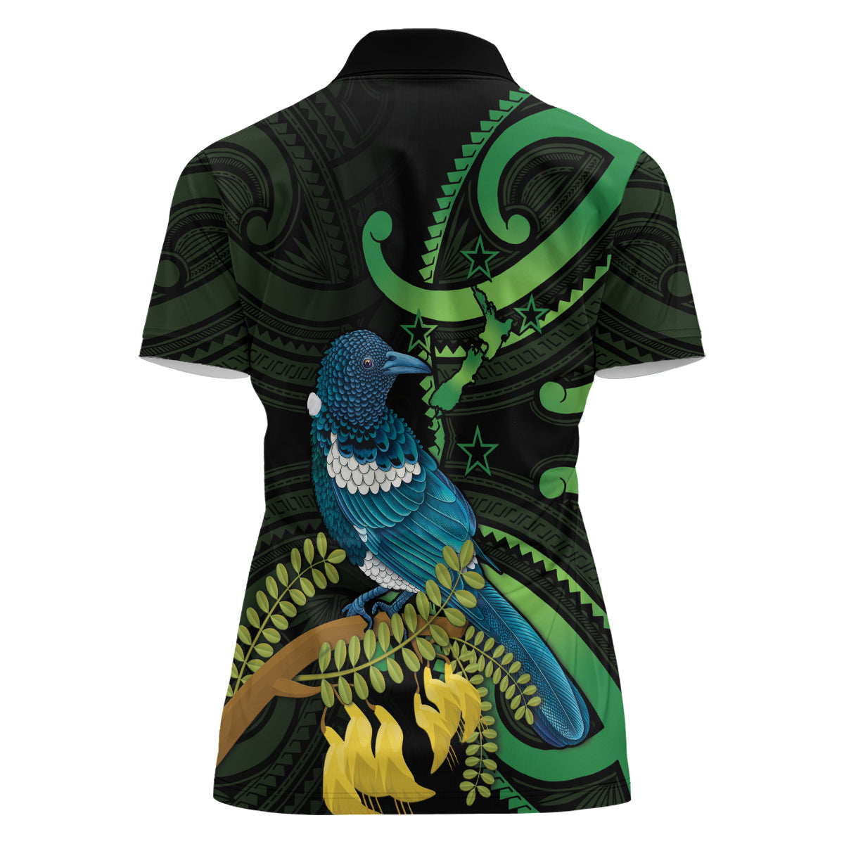 New Zealand Tui Bird Women Polo Shirt Aotearoa Maori With Kowhai Flowers