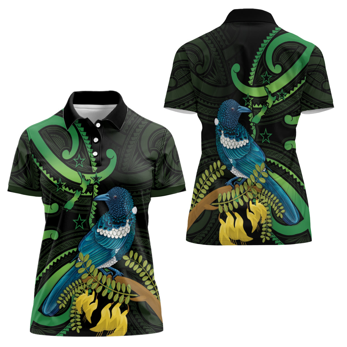 New Zealand Tui Bird Women Polo Shirt Aotearoa Maori With Kowhai Flowers