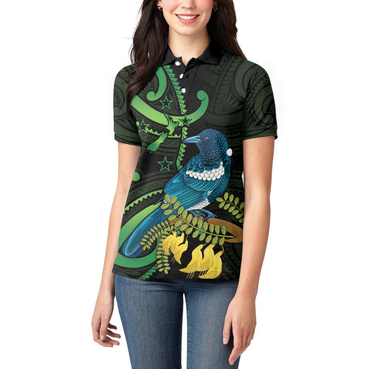 New Zealand Tui Bird Women Polo Shirt Aotearoa Maori With Kowhai Flowers