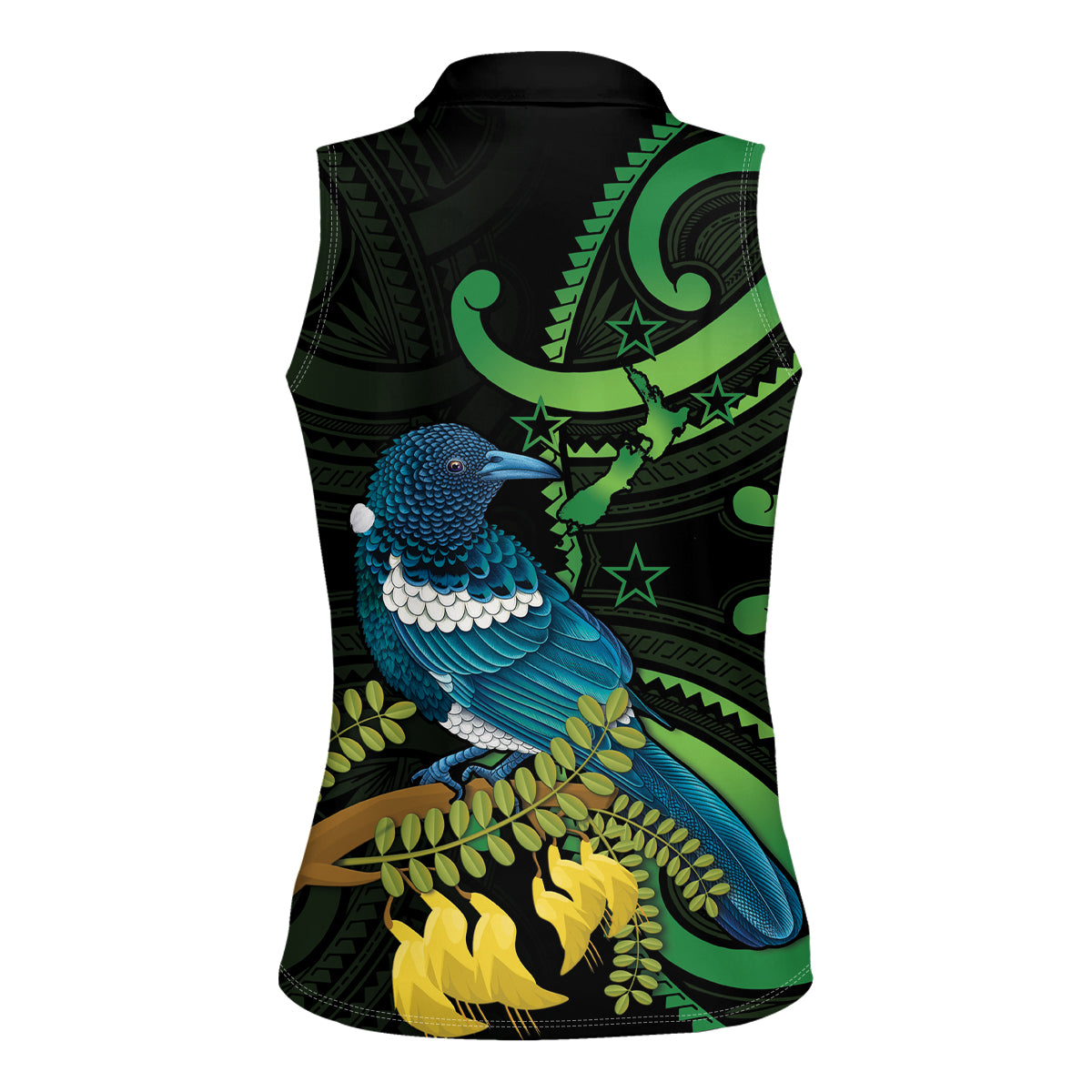 New Zealand Tui Bird Women Sleeveless Polo Shirt Aotearoa Maori With Kowhai Flowers