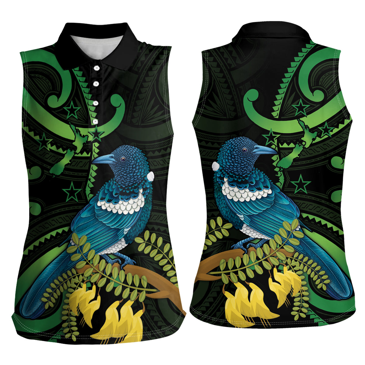 New Zealand Tui Bird Women Sleeveless Polo Shirt Aotearoa Maori With Kowhai Flowers