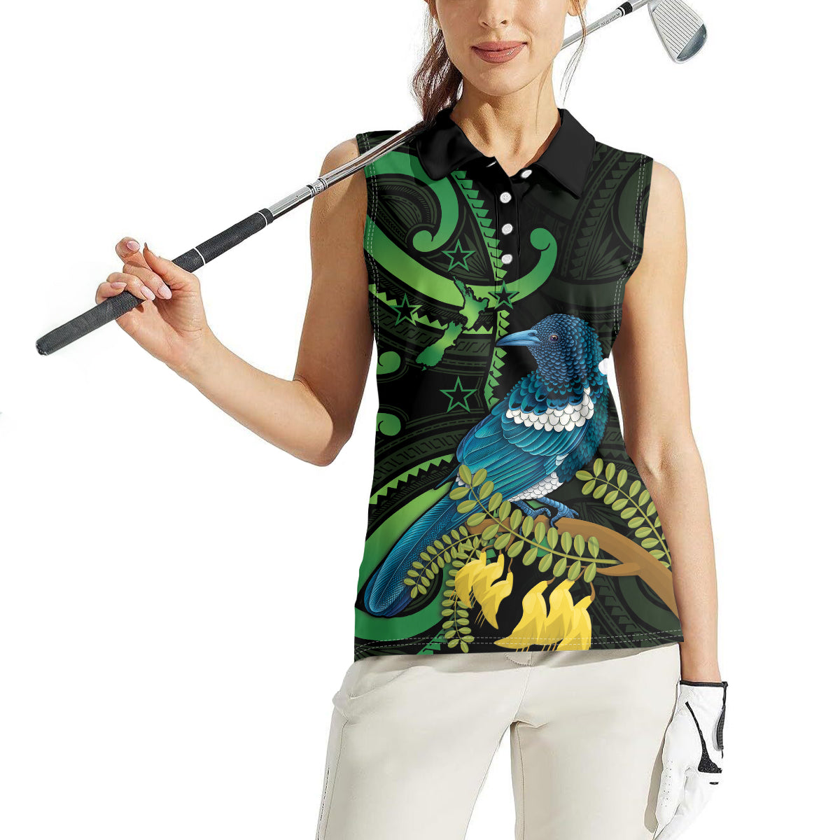 New Zealand Tui Bird Women Sleeveless Polo Shirt Aotearoa Maori With Kowhai Flowers