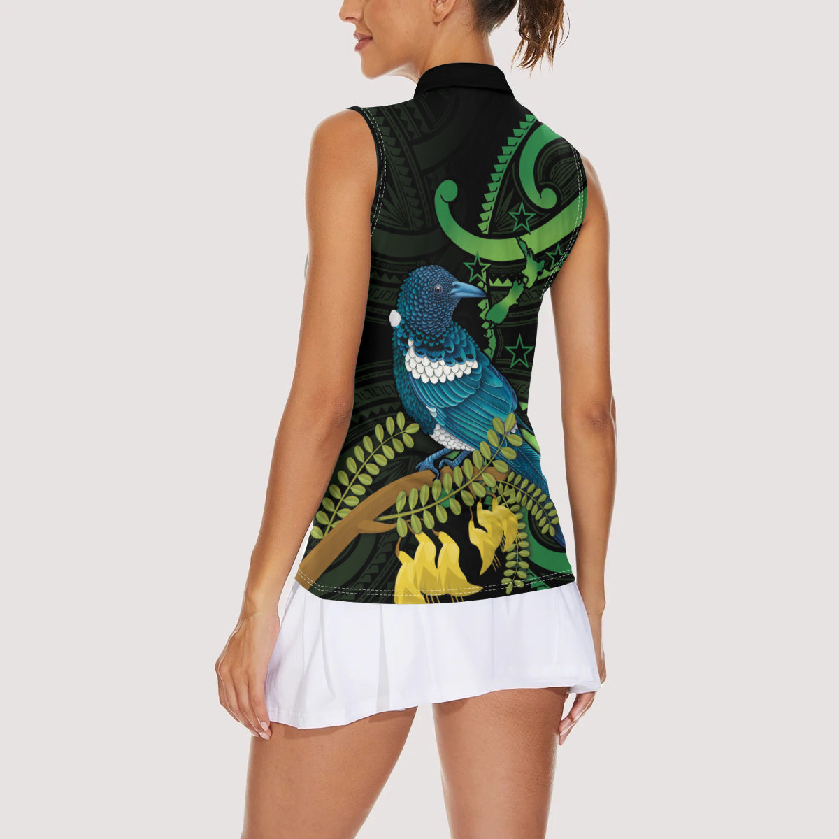 New Zealand Tui Bird Women Sleeveless Polo Shirt Aotearoa Maori With Kowhai Flowers