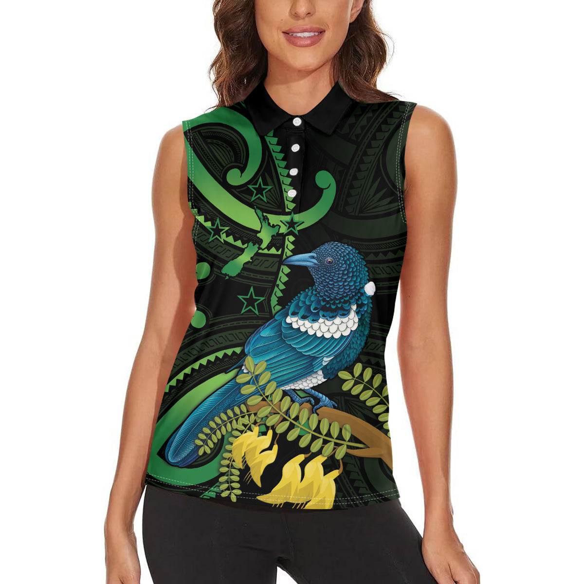 New Zealand Tui Bird Women Sleeveless Polo Shirt Aotearoa Maori With Kowhai Flowers