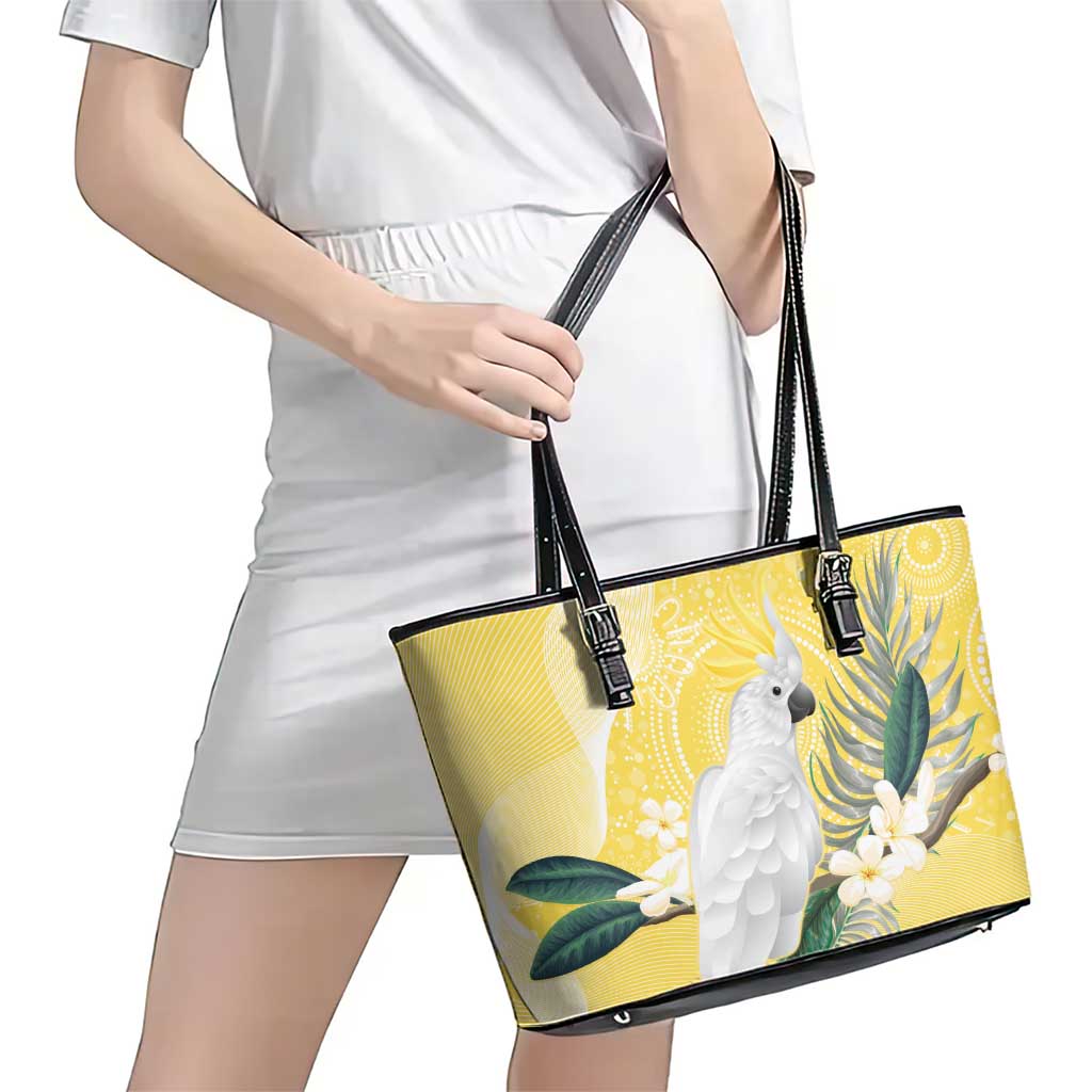 Australia Cacatua Galerita Leather Tote Bag Sulphur-Crested Cockatoo - Aboriginal Art