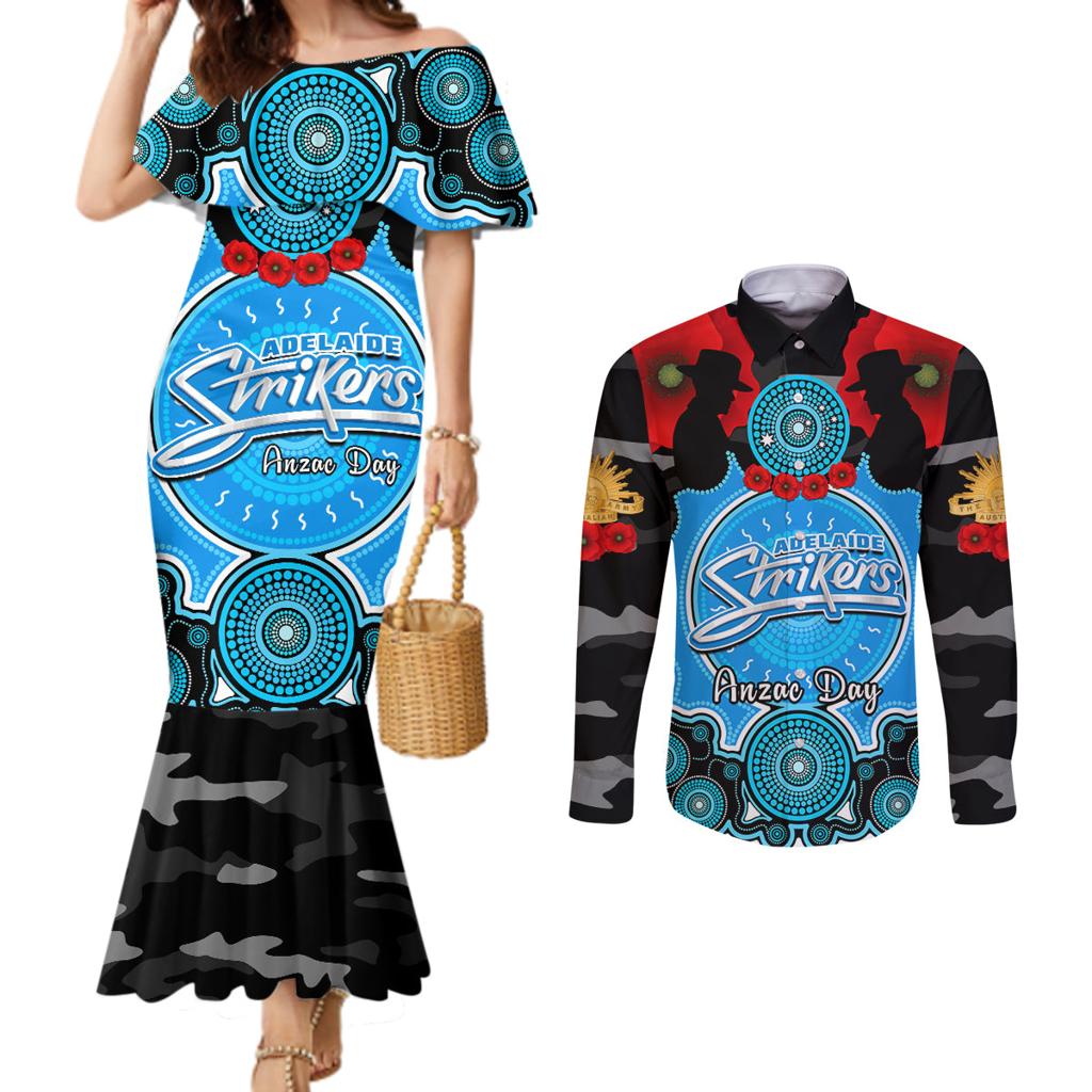 adelaide-strikers-anzac-2024-couples-matching-mermaid-dress-and-long-sleeve-button-shirt-lest-we-forget-poppy-mix-camouflage