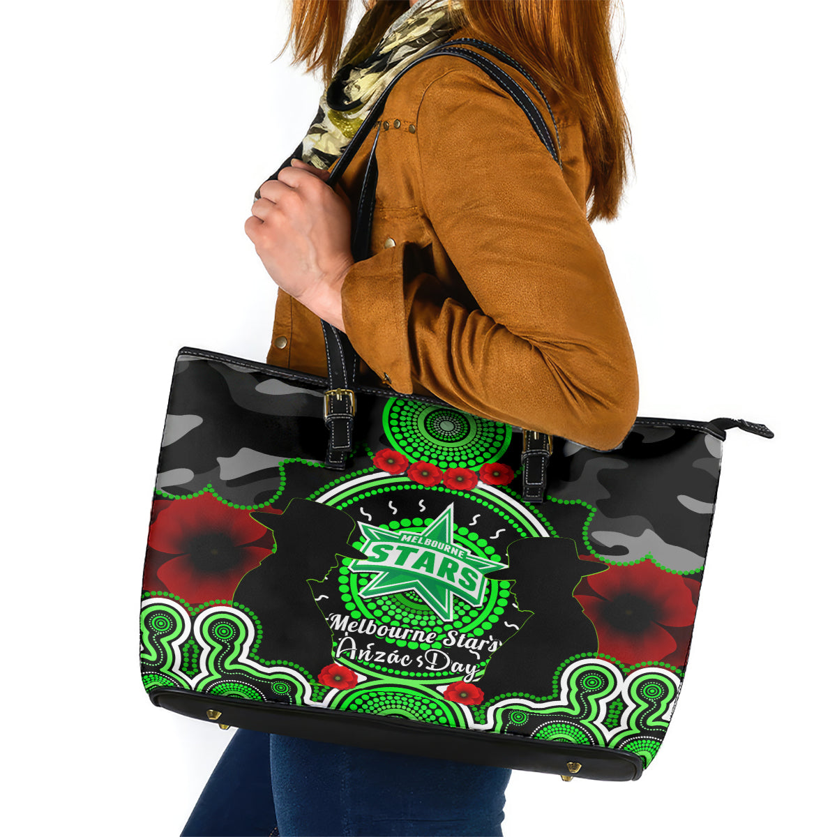 melbourne-stars-anzac-2024-leather-tote-bag-lest-we-forget-poppy-mix-camouflage