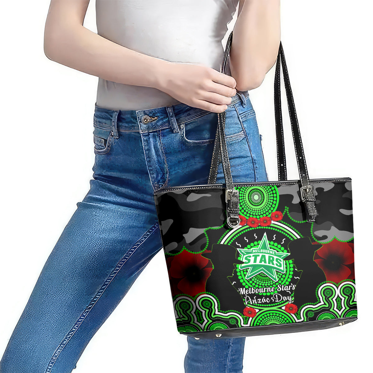 melbourne-stars-anzac-2024-leather-tote-bag-lest-we-forget-poppy-mix-camouflage