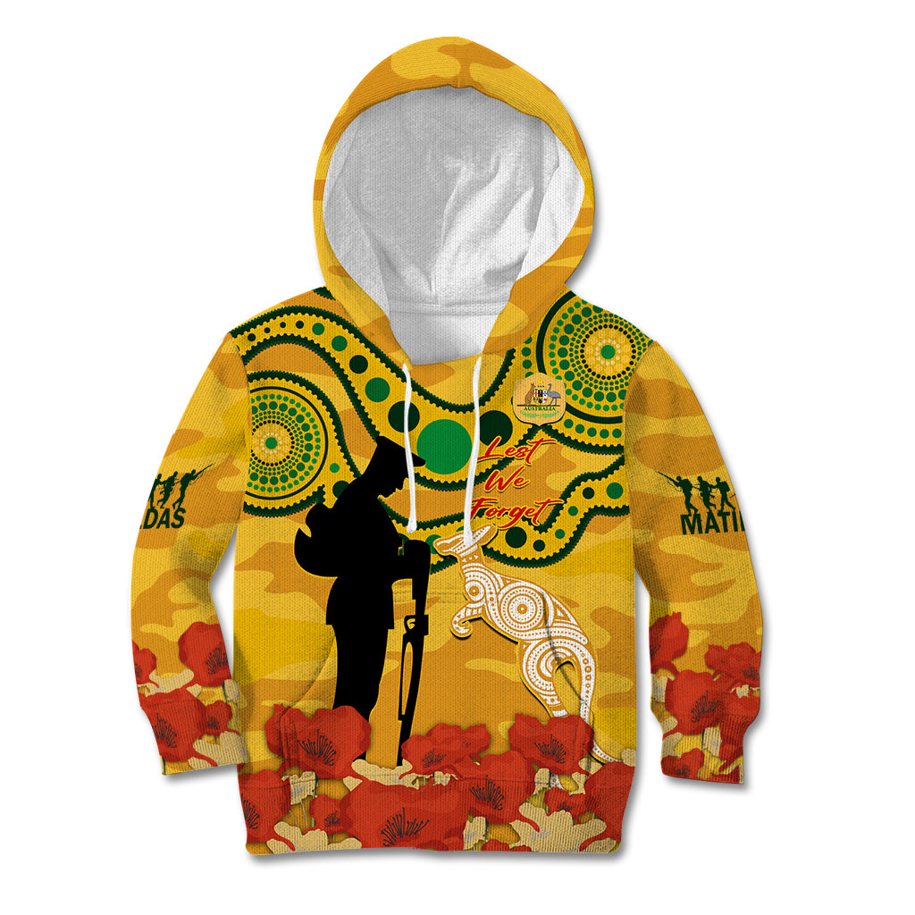 Custom Matildas ANZAC Day Kid Hoodie Lest We Forget Poppies Mix Camouflage Gold