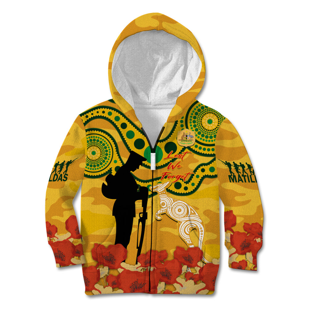 Custom Matildas ANZAC Day Kid Hoodie Lest We Forget Poppies Mix Camouflage Gold