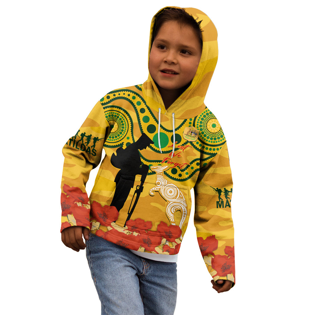 Custom Matildas ANZAC Day Kid Hoodie Lest We Forget Poppies Mix Camouflage Gold