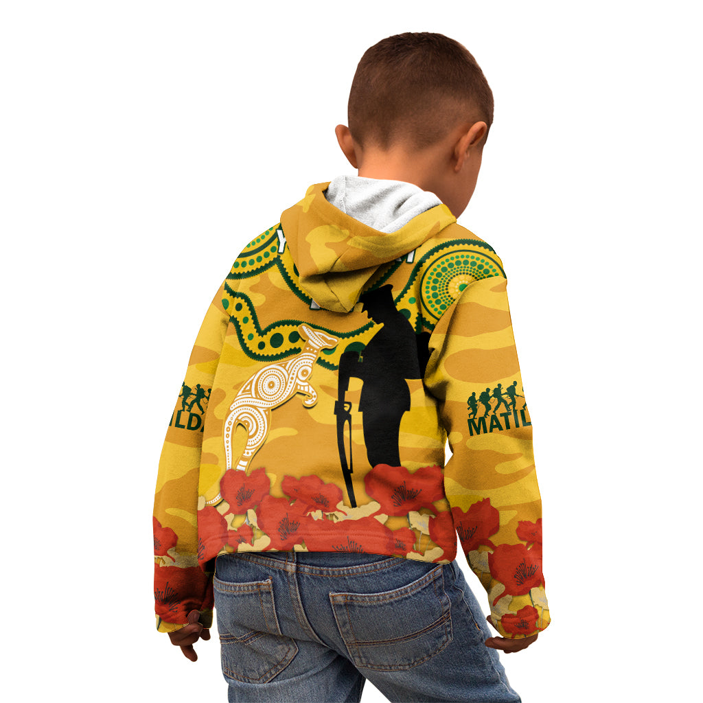 Custom Matildas ANZAC Day Kid Hoodie Lest We Forget Poppies Mix Camouflage Gold