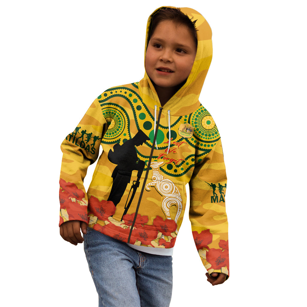 Custom Matildas ANZAC Day Kid Hoodie Lest We Forget Poppies Mix Camouflage Gold