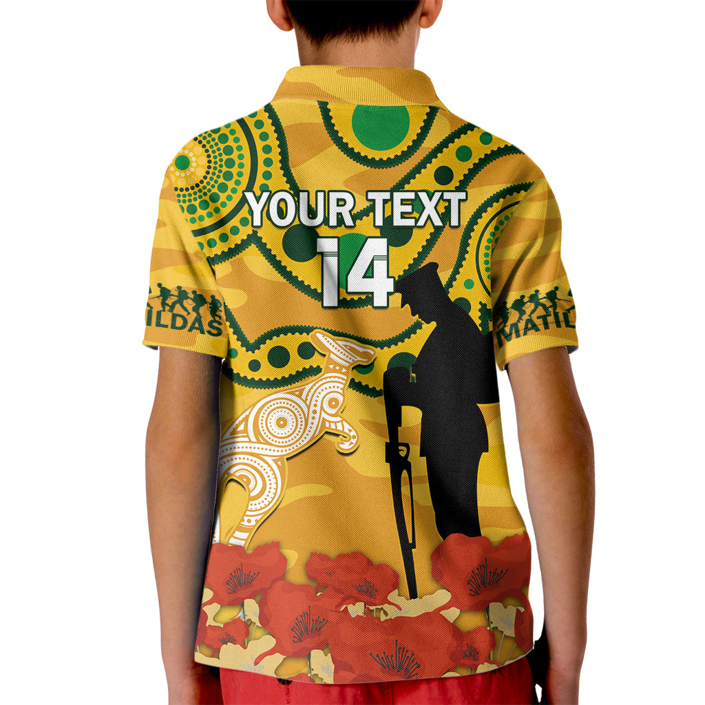 Custom Matildas ANZAC Day Kid Polo Shirt Lest We Forget Poppies Mix Camouflage Gold