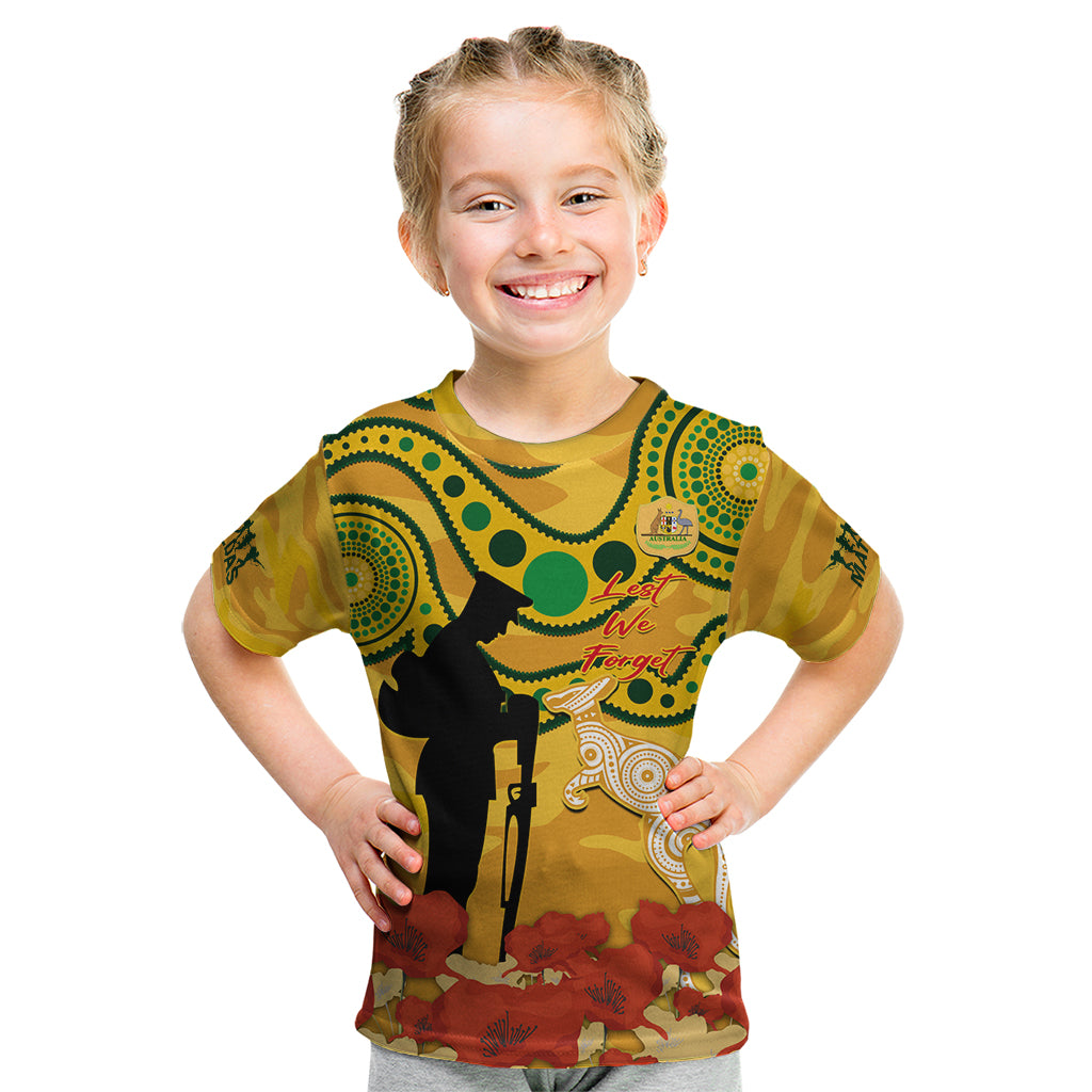 Custom Matildas ANZAC Day Kid T Shirt Lest We Forget Poppies Mix Camouflage Gold