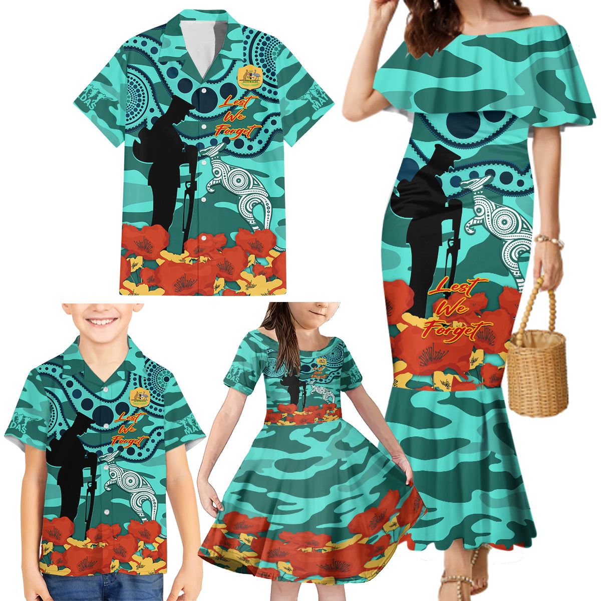 Custom Matildas ANZAC Day Family Matching Mermaid Dress and Hawaiian Shirt Lest We Forget Poppies Mix Camouflage Turquoise