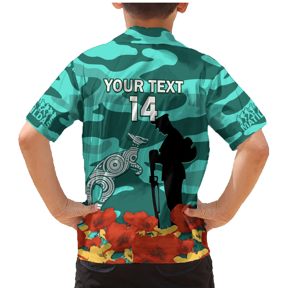 Custom Matildas ANZAC Day Family Matching Mermaid Dress and Hawaiian Shirt Lest We Forget Poppies Mix Camouflage Turquoise