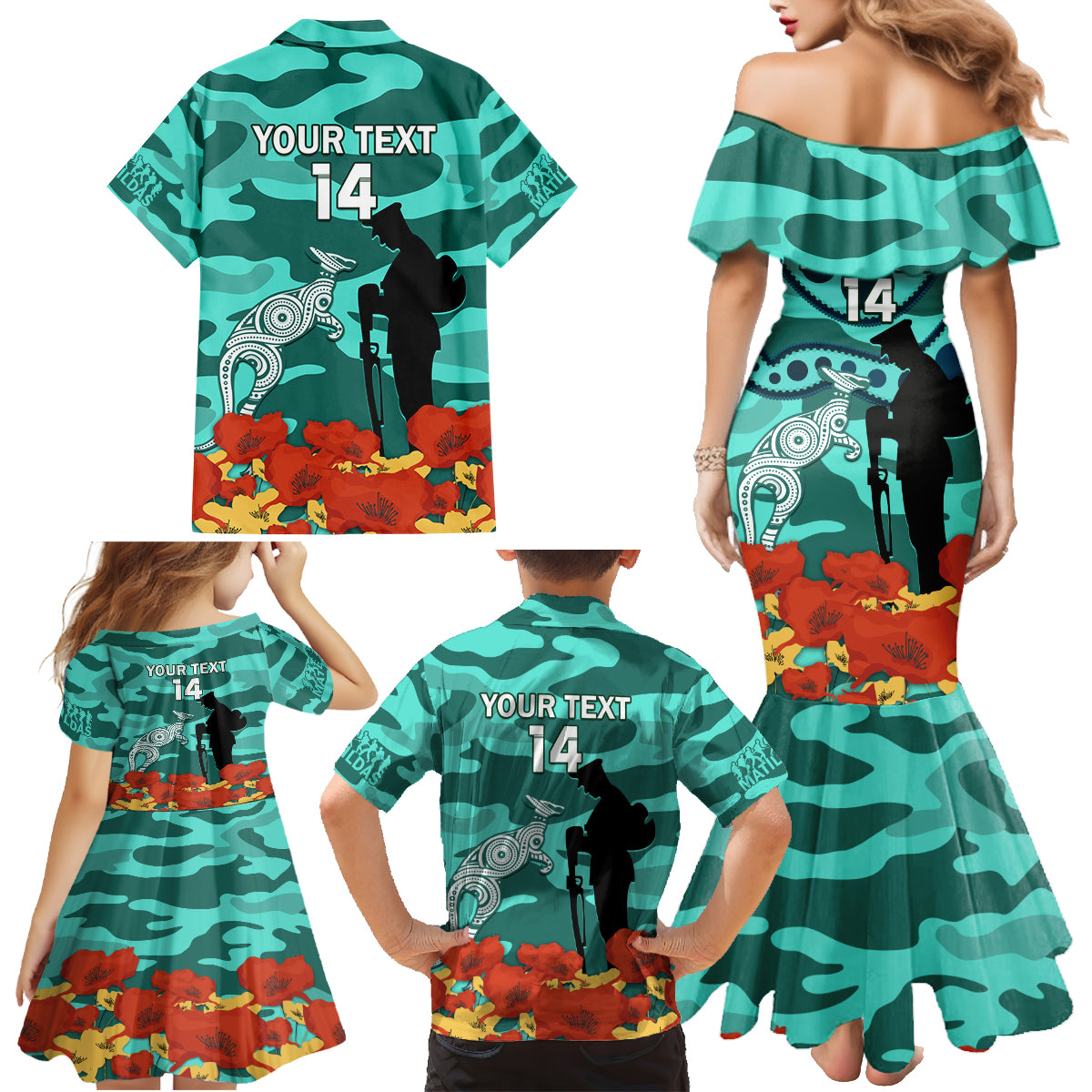 Custom Matildas ANZAC Day Family Matching Mermaid Dress and Hawaiian Shirt Lest We Forget Poppies Mix Camouflage Turquoise