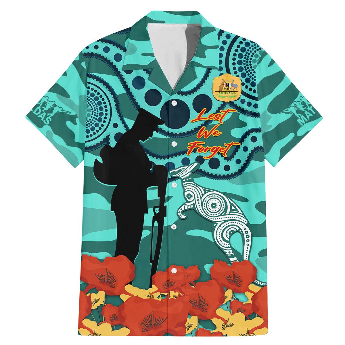 Custom Matildas ANZAC Day Family Matching Mermaid Dress and Hawaiian Shirt Lest We Forget Poppies Mix Camouflage Turquoise