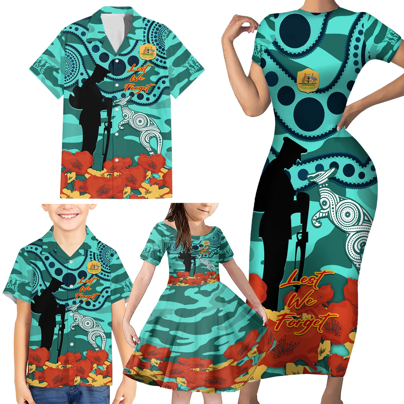 Custom Matildas ANZAC Day Family Matching Short Sleeve Bodycon Dress and Hawaiian Shirt Lest We Forget Poppies Mix Camouflage Turquoise