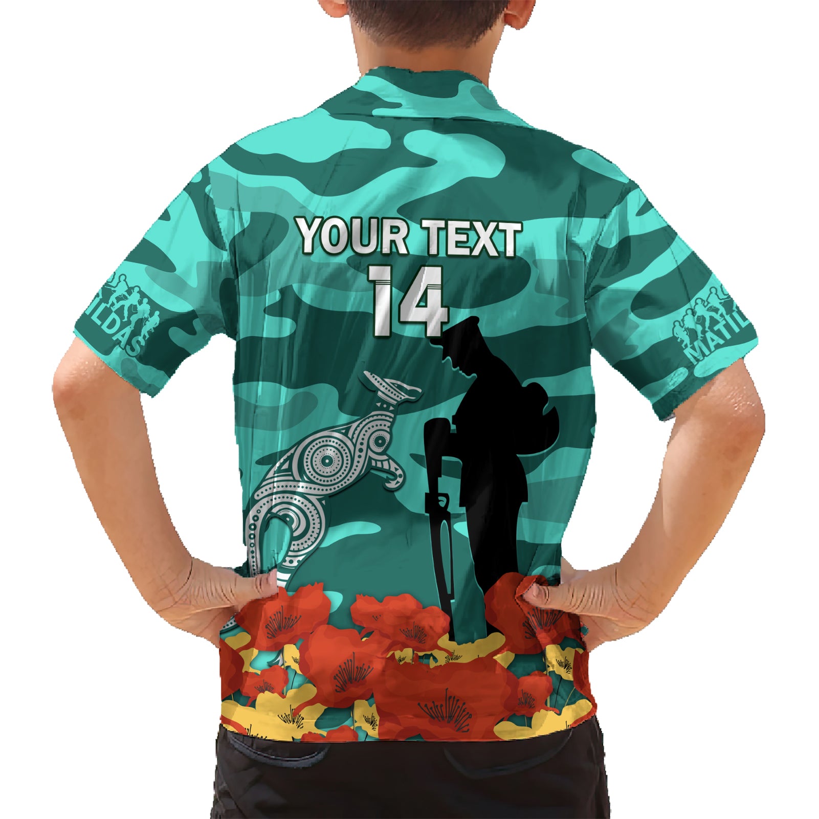 Custom Matildas ANZAC Day Family Matching Short Sleeve Bodycon Dress and Hawaiian Shirt Lest We Forget Poppies Mix Camouflage Turquoise