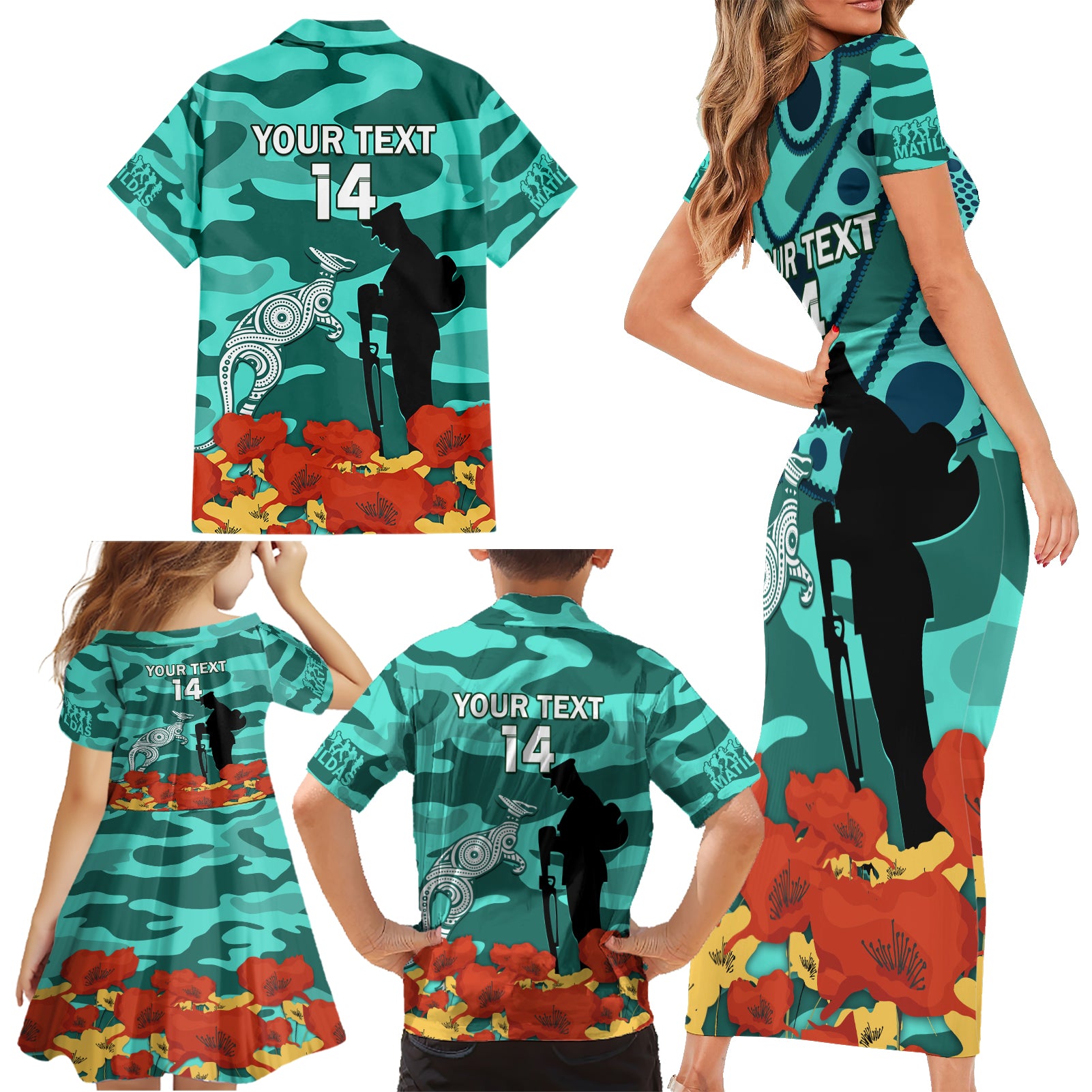 Custom Matildas ANZAC Day Family Matching Short Sleeve Bodycon Dress and Hawaiian Shirt Lest We Forget Poppies Mix Camouflage Turquoise