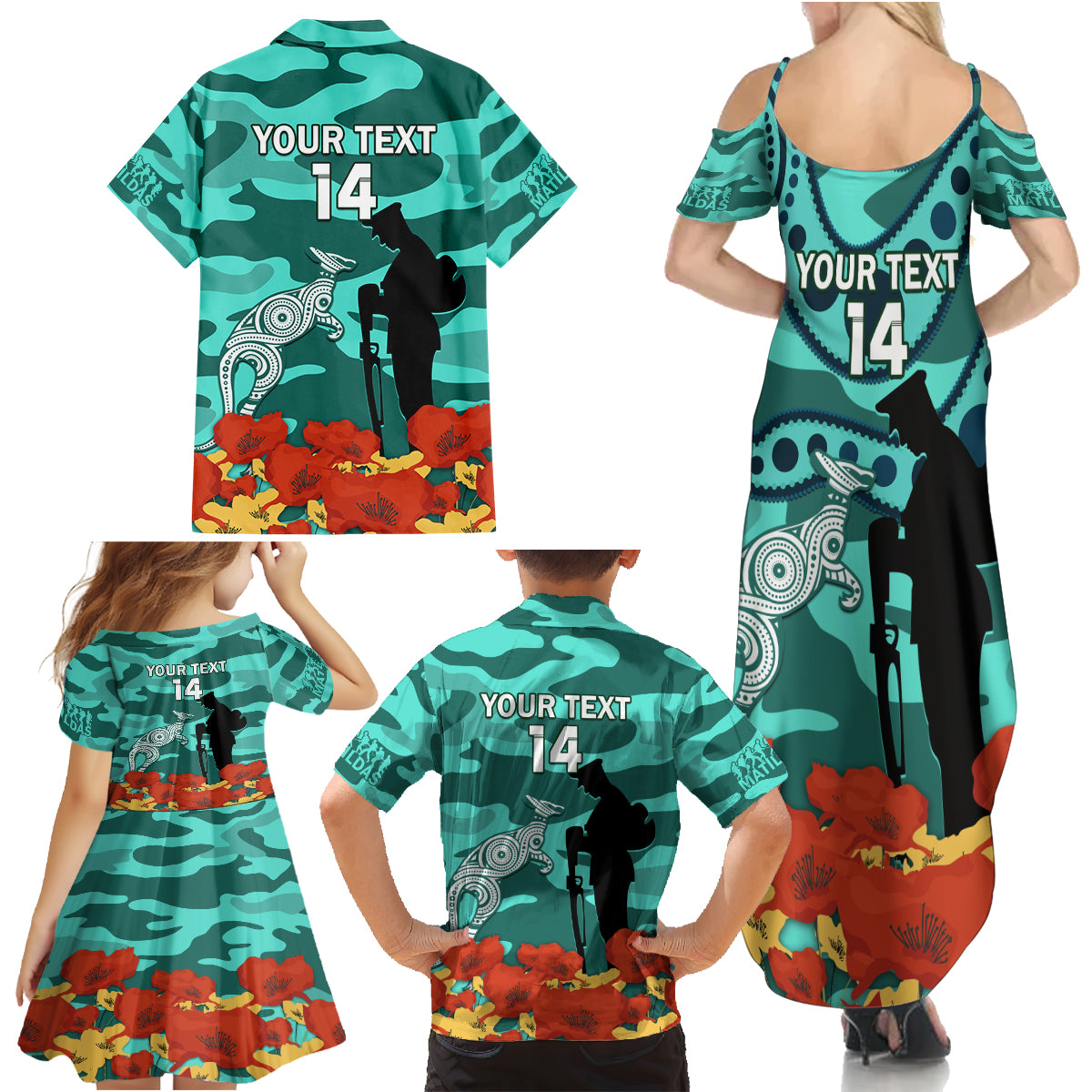 Custom Matildas ANZAC Day Family Matching Summer Maxi Dress and Hawaiian Shirt Lest We Forget Poppies Mix Camouflage Turquoise