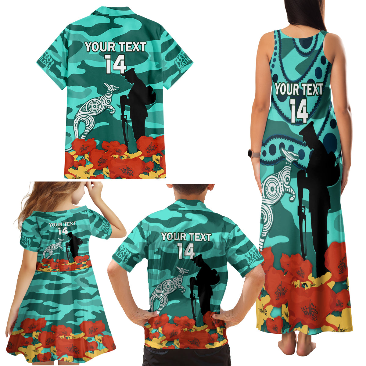 Custom Matildas ANZAC Day Family Matching Tank Maxi Dress and Hawaiian Shirt Lest We Forget Poppies Mix Camouflage Turquoise