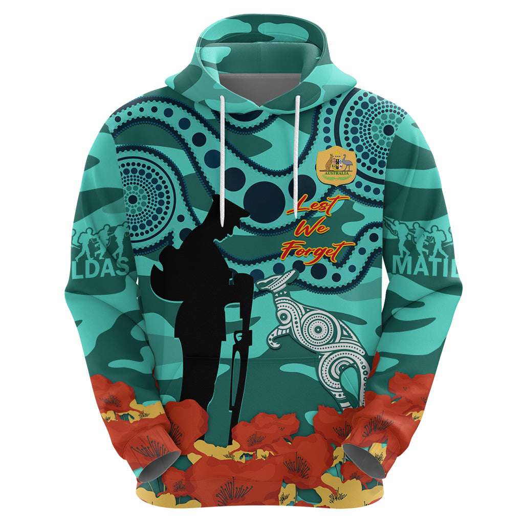 Custom Matildas ANZAC Day Hoodie Lest We Forget Poppies Mix Camouflage Turquoise