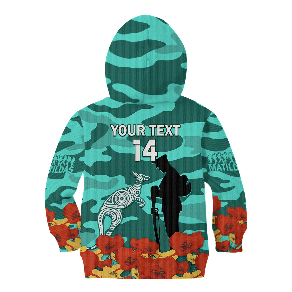 Custom Matildas ANZAC Day Kid Hoodie Lest We Forget Poppies Mix Camouflage Turquoise