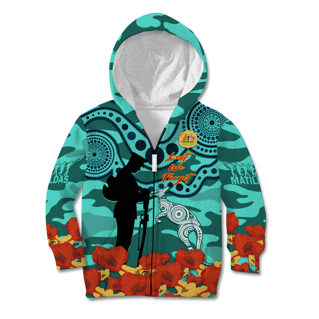 Custom Matildas ANZAC Day Kid Hoodie Lest We Forget Poppies Mix Camouflage Turquoise