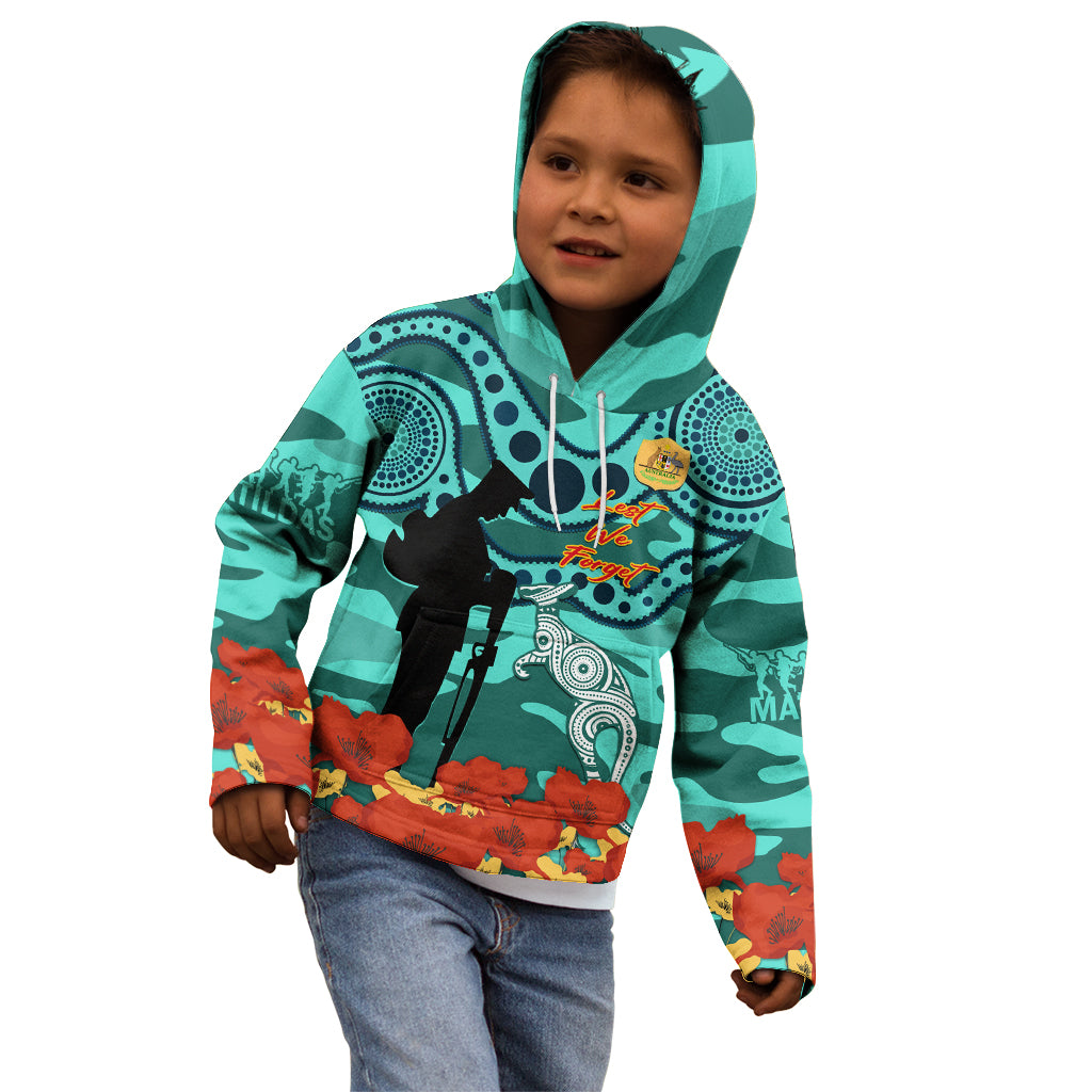 Custom Matildas ANZAC Day Kid Hoodie Lest We Forget Poppies Mix Camouflage Turquoise