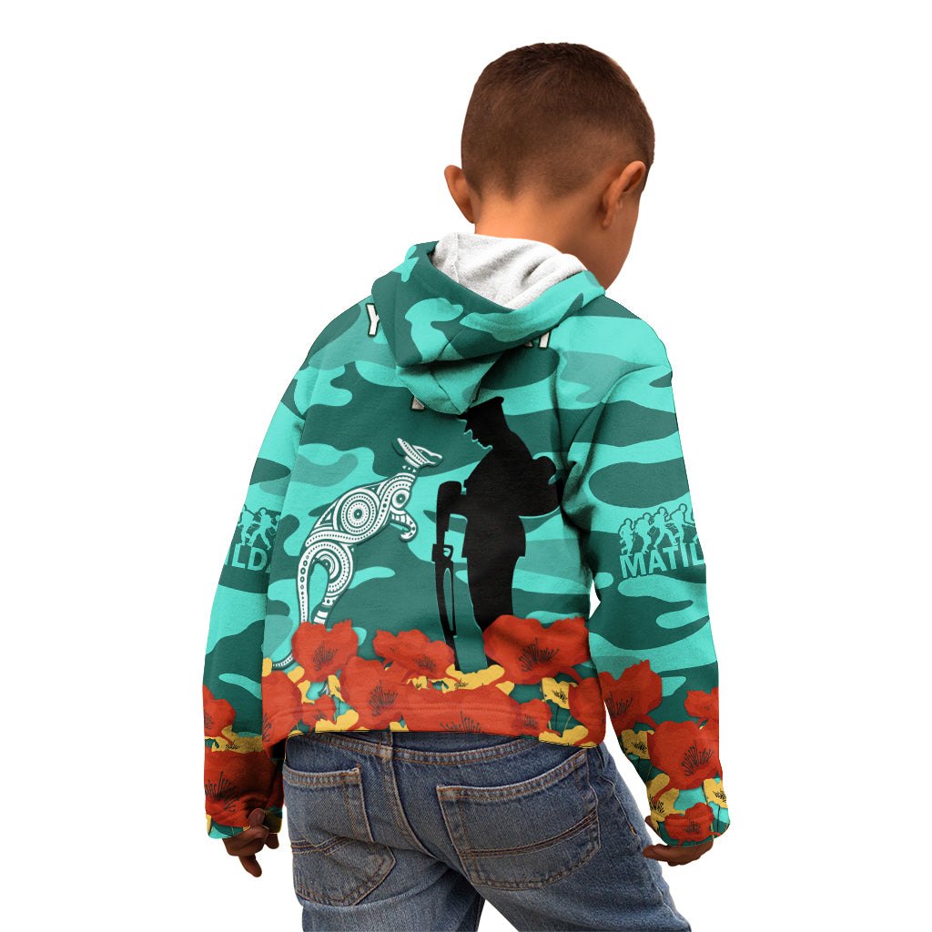 Custom Matildas ANZAC Day Kid Hoodie Lest We Forget Poppies Mix Camouflage Turquoise