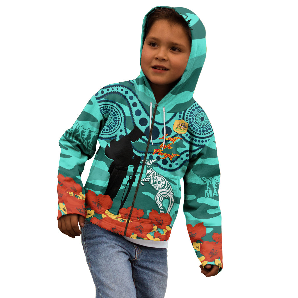 Custom Matildas ANZAC Day Kid Hoodie Lest We Forget Poppies Mix Camouflage Turquoise