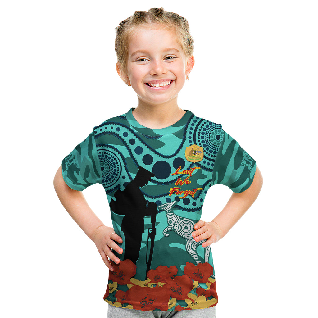 Custom Matildas ANZAC Day Kid T Shirt Lest We Forget Poppies Mix Camouflage Turquoise