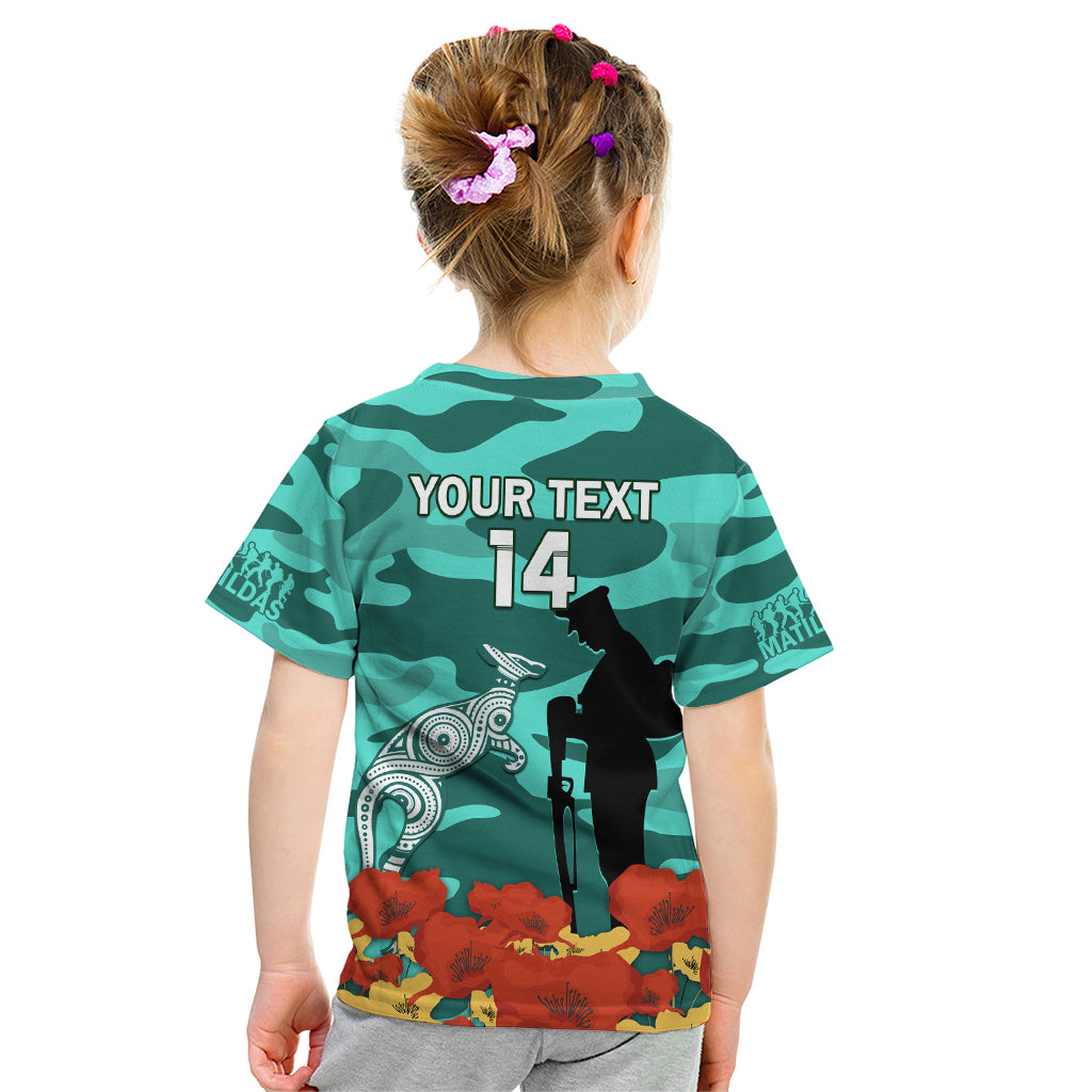 Custom Matildas ANZAC Day Kid T Shirt Lest We Forget Poppies Mix Camouflage Turquoise