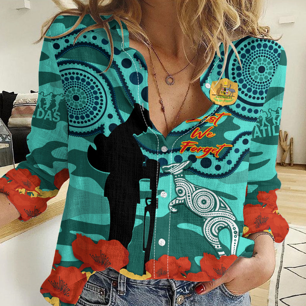 Custom Matildas ANZAC Day Women Casual Shirt Lest We Forget Poppies Mix Camouflage Turquoise