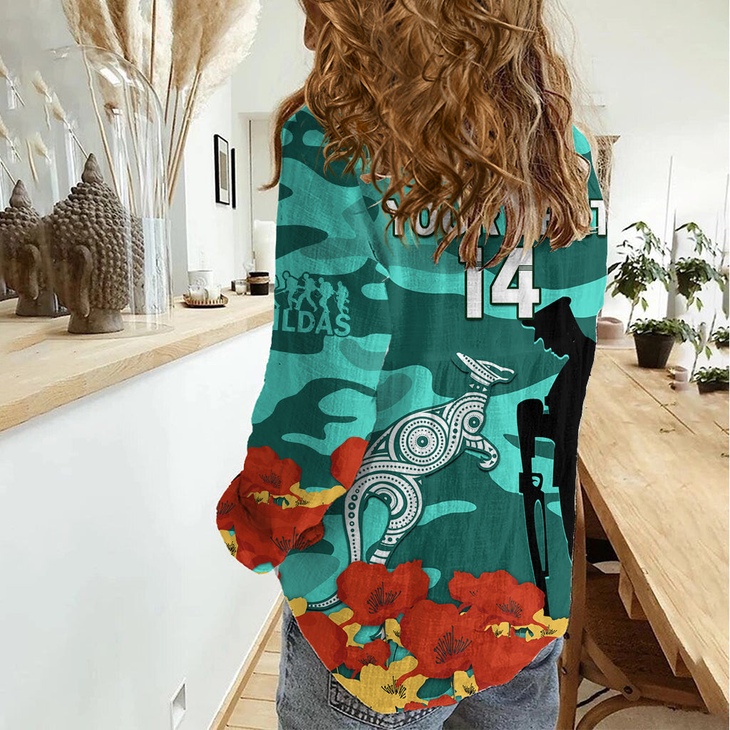 Custom Matildas ANZAC Day Women Casual Shirt Lest We Forget Poppies Mix Camouflage Turquoise