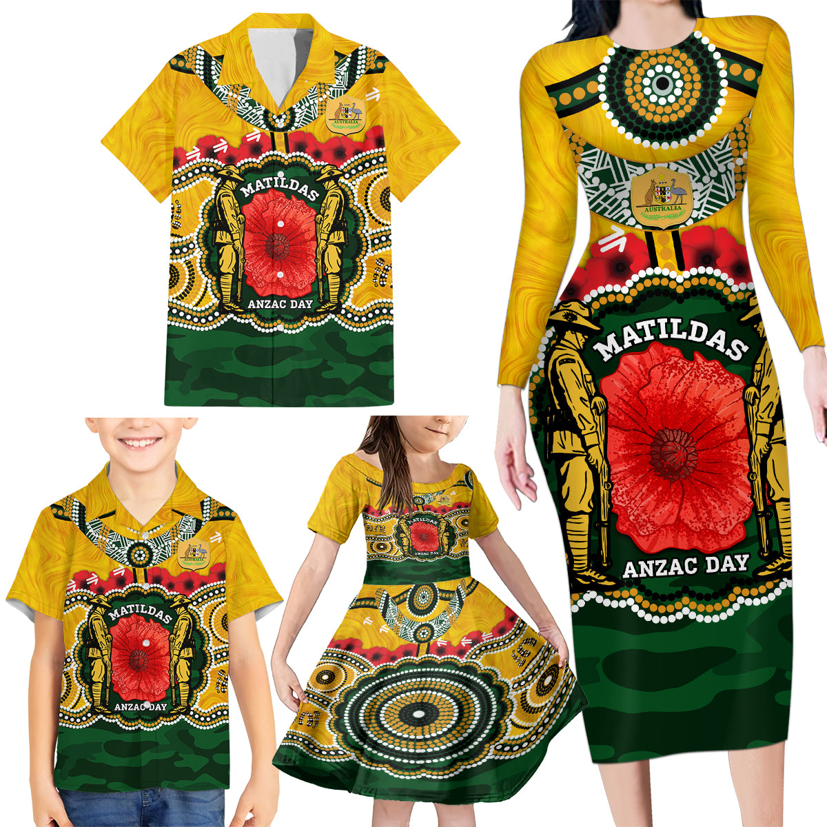 Matildas ANZAC Day 2024 Family Matching Long Sleeve Bodycon Dress and Hawaiian Shirt Australian Army We Will Remember Them Aboriginal Art