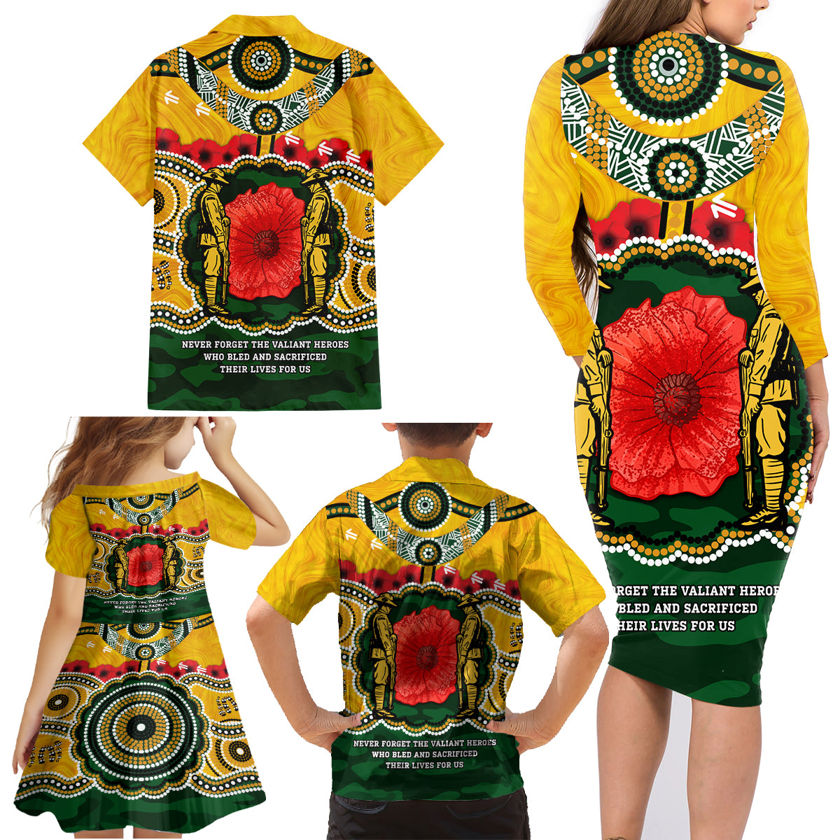 Matildas ANZAC Day 2024 Family Matching Long Sleeve Bodycon Dress and Hawaiian Shirt Australian Army We Will Remember Them Aboriginal Art