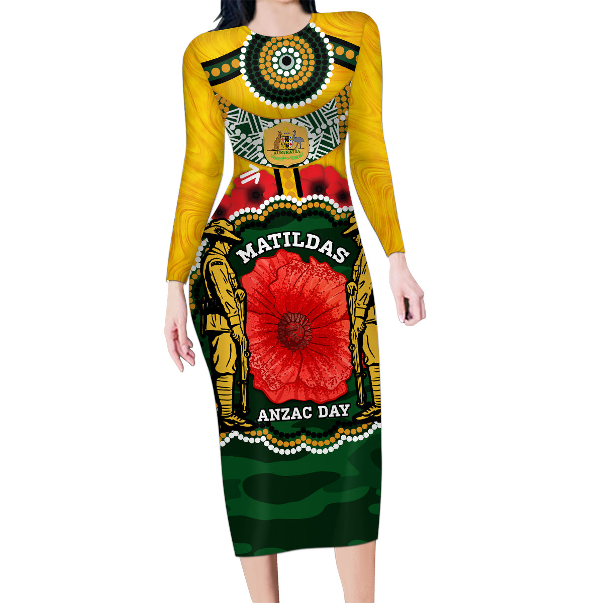 Matildas ANZAC Day 2024 Family Matching Long Sleeve Bodycon Dress and Hawaiian Shirt Australian Army We Will Remember Them Aboriginal Art