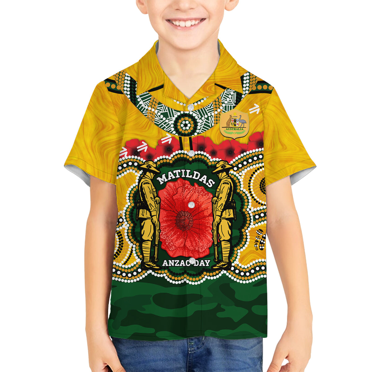 Matildas ANZAC Day 2024 Family Matching Long Sleeve Bodycon Dress and Hawaiian Shirt Australian Army We Will Remember Them Aboriginal Art