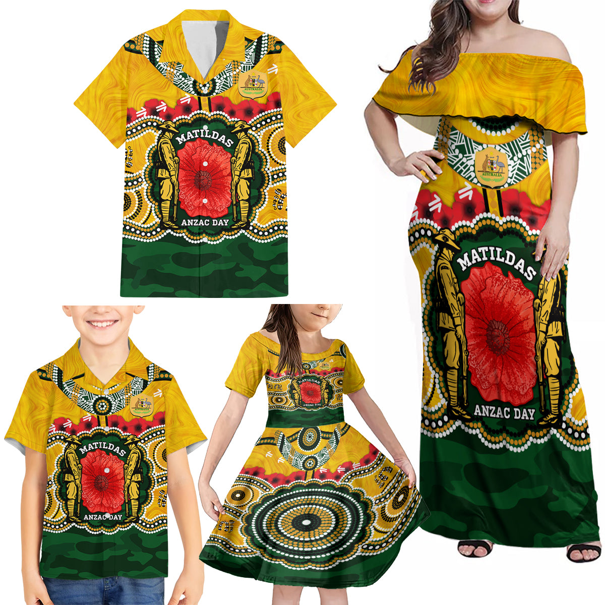 Matildas ANZAC Day 2024 Family Matching Off Shoulder Maxi Dress and Hawaiian Shirt Australian Army We Will Remember Them Aboriginal Art