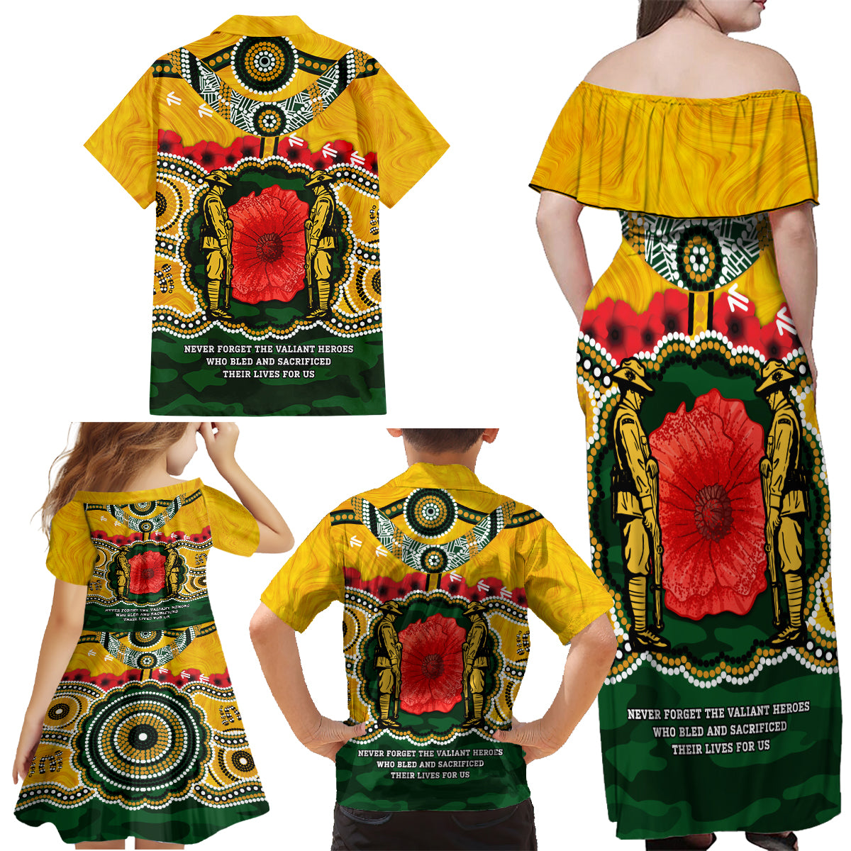 Matildas ANZAC Day 2024 Family Matching Off Shoulder Maxi Dress and Hawaiian Shirt Australian Army We Will Remember Them Aboriginal Art