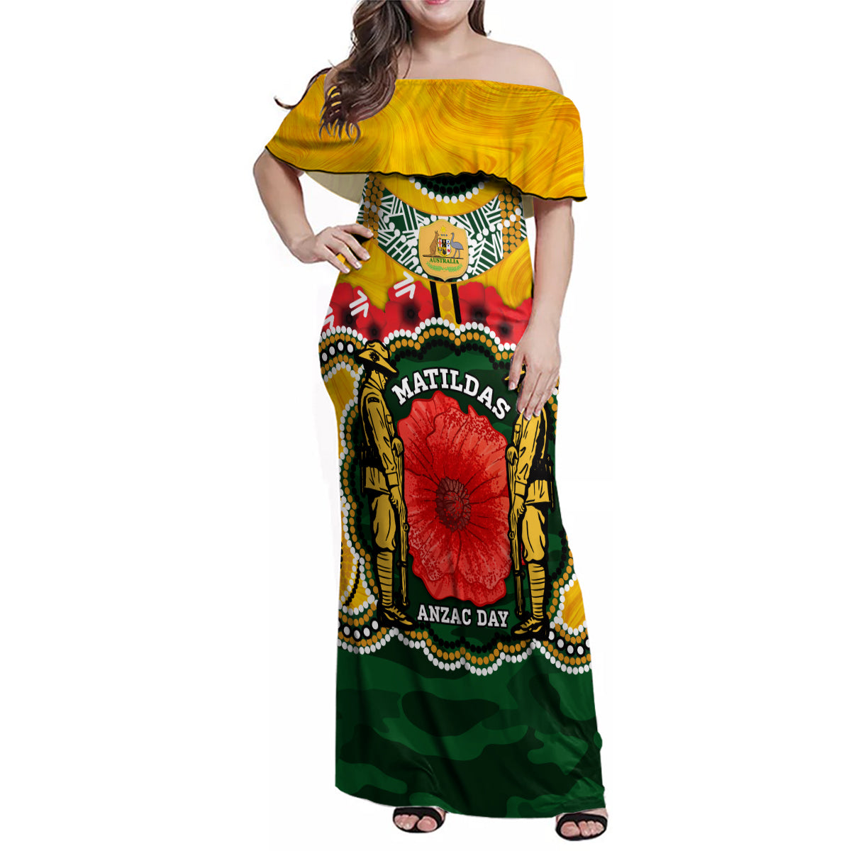 Matildas ANZAC Day 2024 Family Matching Off Shoulder Maxi Dress and Hawaiian Shirt Australian Army We Will Remember Them Aboriginal Art