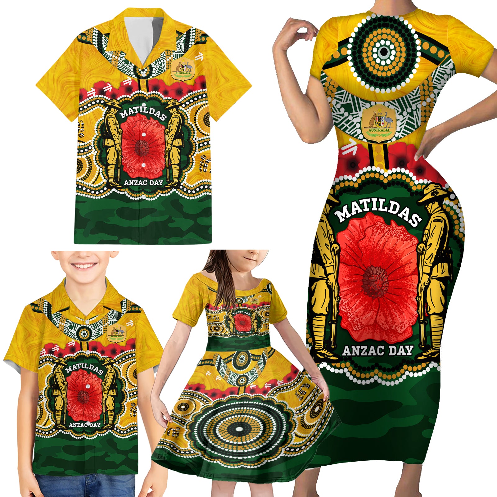 Matildas ANZAC Day 2024 Family Matching Short Sleeve Bodycon Dress and Hawaiian Shirt Australian Army We Will Remember Them Aboriginal Art